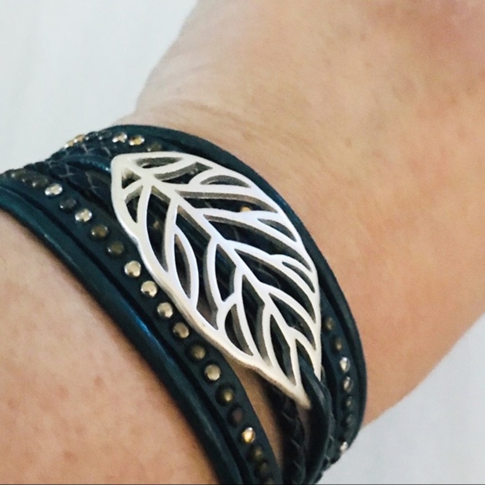 Silvertone Leaf Faux Leather Layer Bracelet